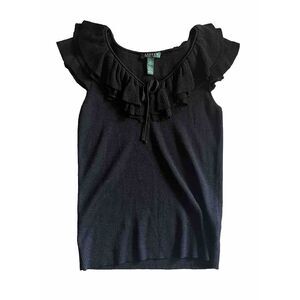 Lauren Ralph Lauren Silk Top Size L Ruffle Trim Scoop Neck Sleeveless Black